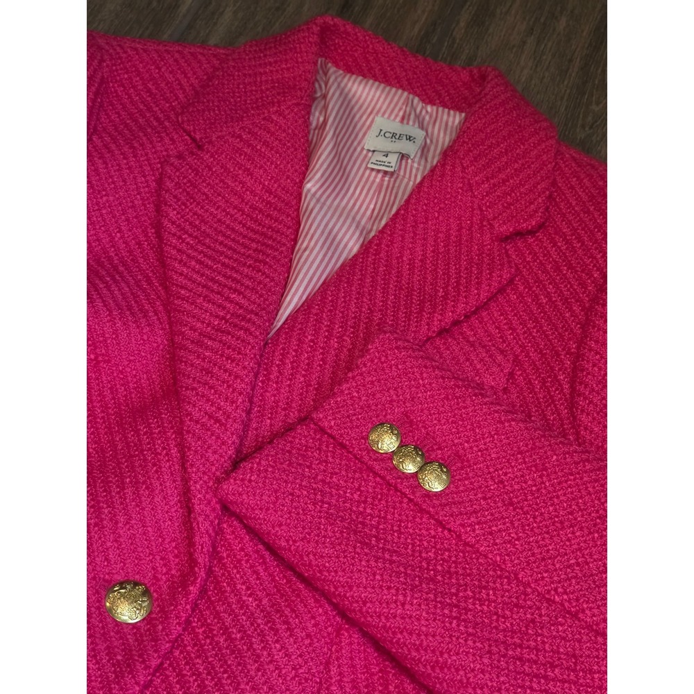 J.Crew Womens Fuchsia Pink Tweed Schoolboy Blazer Gold Crest Buttons Size 4 NEW